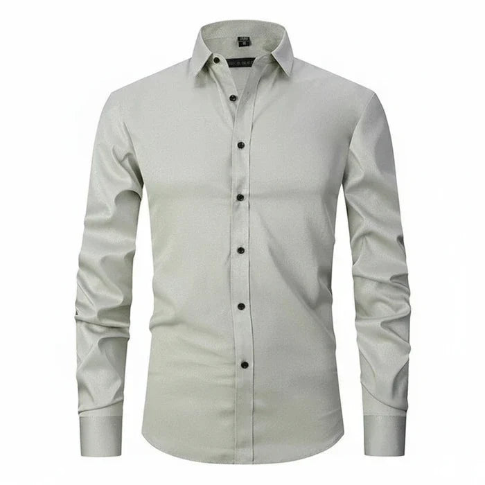 Men's White Slim Fit Long Sleeve Shirt in Green