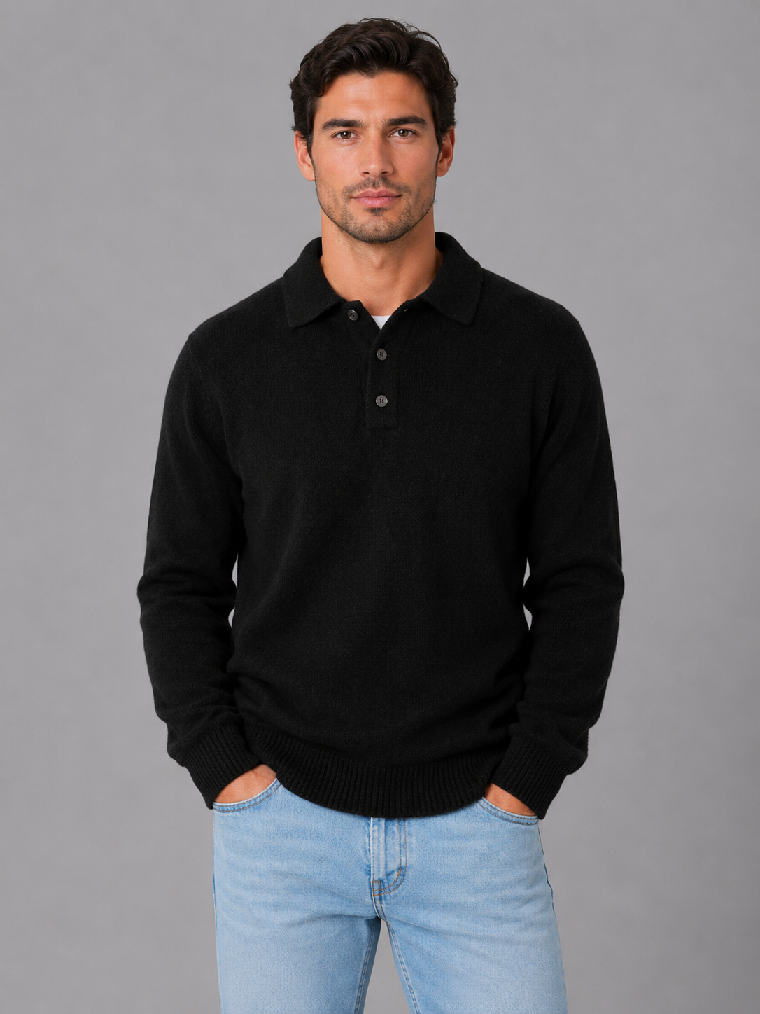 Men's Knitted Long Sleeve Polo Collar Button Front Jumper in Black