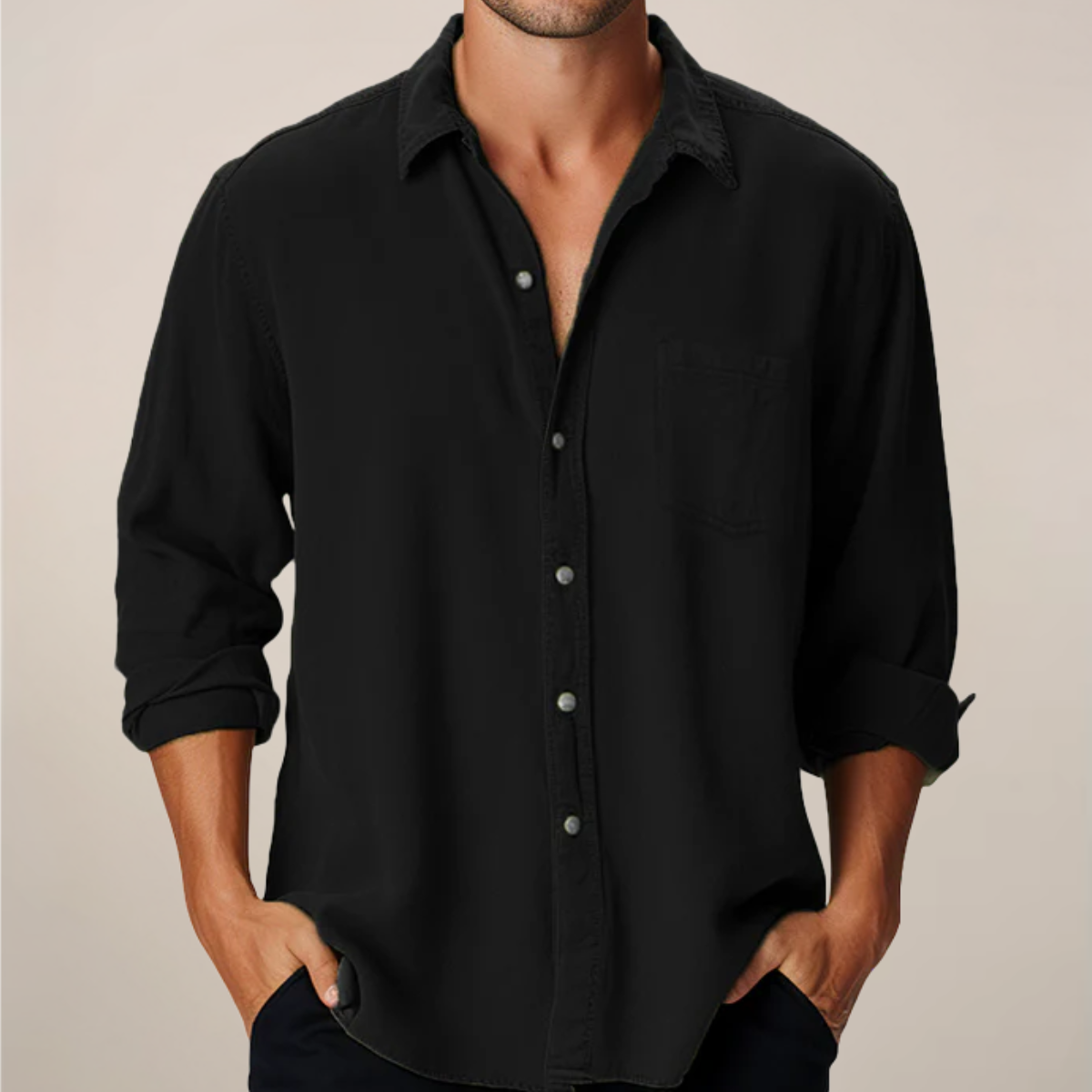 Men's Long Sleeve Button Front Casual Shirt for Everyday Wear in Black