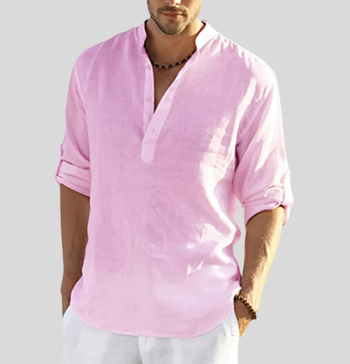 Men's V Neck Casual Shirt in Pink