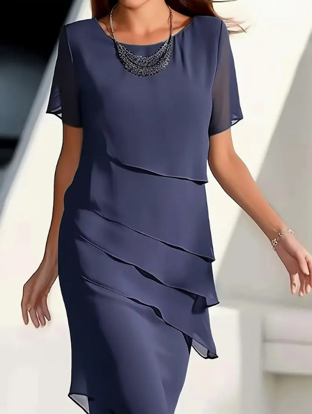 Women's Pleated Formal Midi Dress in Navy Blue