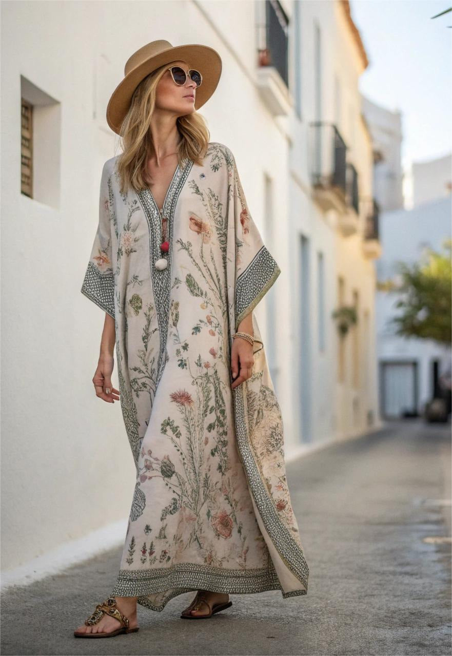 Women's Boho Maxi Dress in Light Beige/Floral