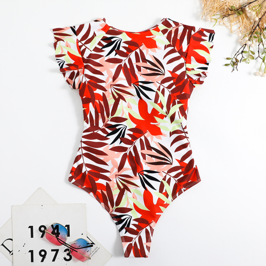 Women's Stretch Zip Up Ruffle One Piece Swimsuit in Red