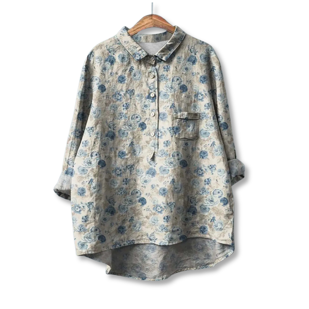 Women's Floral Collared Button Front Tailored Shirt in Grey