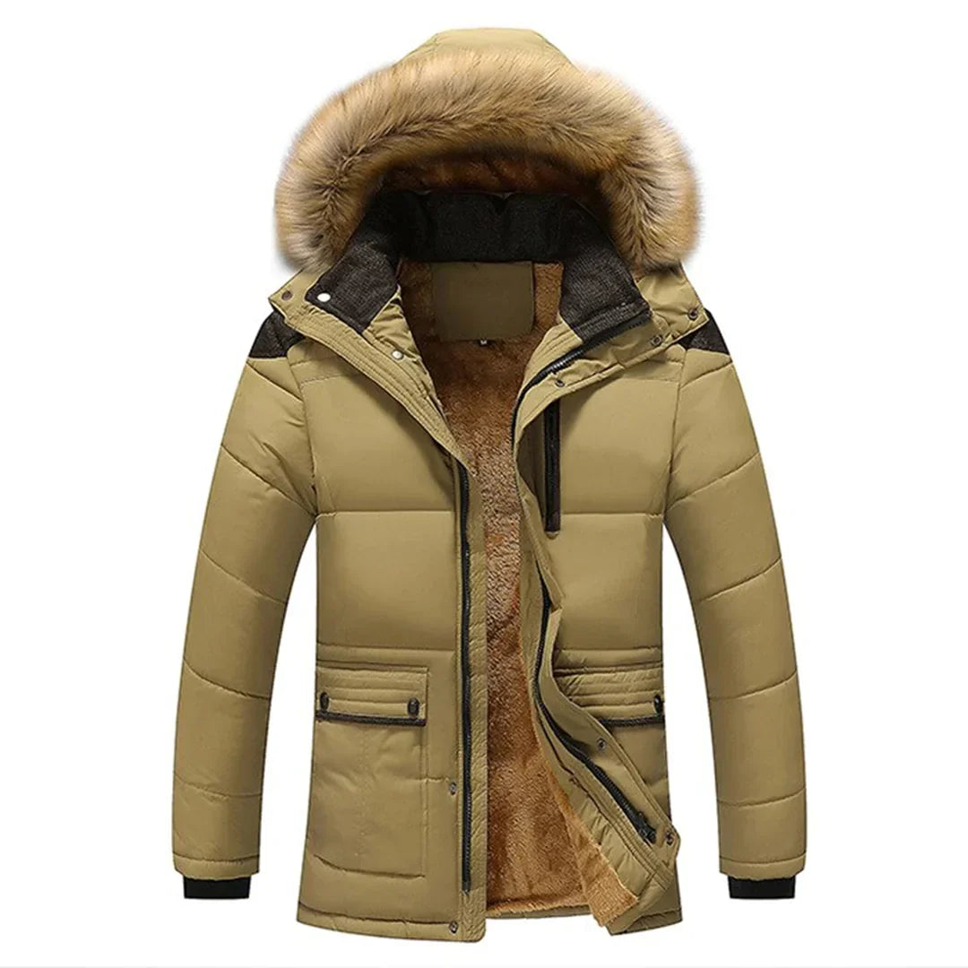 Men's Fur Trim Hooded Padded Winter Coat in Khaki