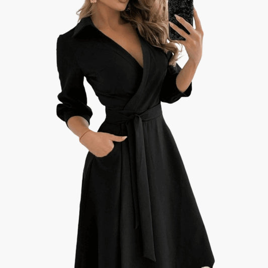 Women's Lapel Collar A Line Draped Midi Dress view 2