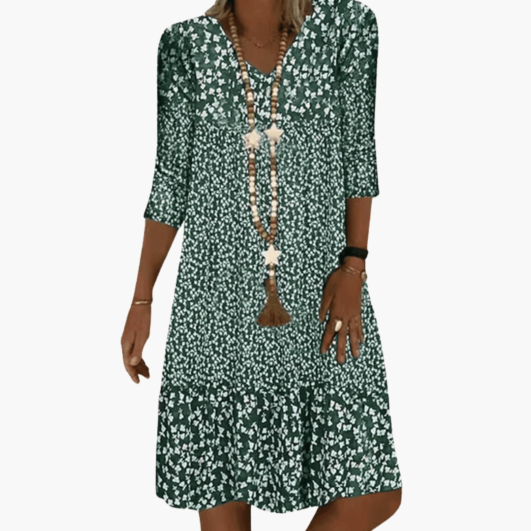 Women's Printed Three Quarter Sleeve Mini Dress in Green