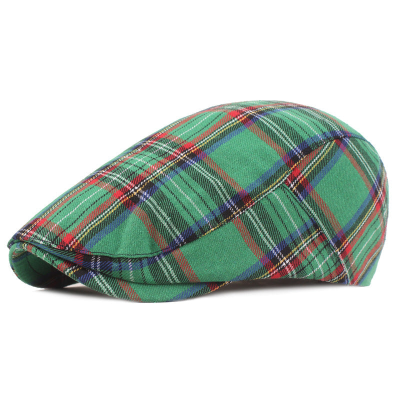 Men's Tartan Checked Peaked Flat Cap in Green