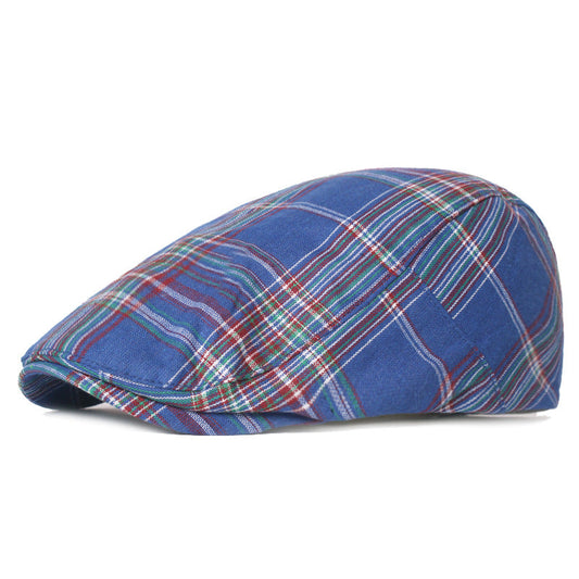 Men's Tartan Checked Peaked Flat Cap in Blue