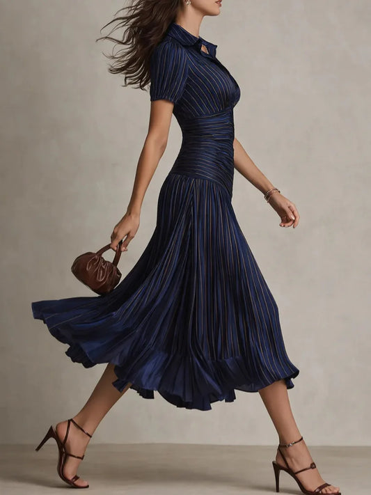 Women's Lapel Collar Pleated Midi Dress view 2