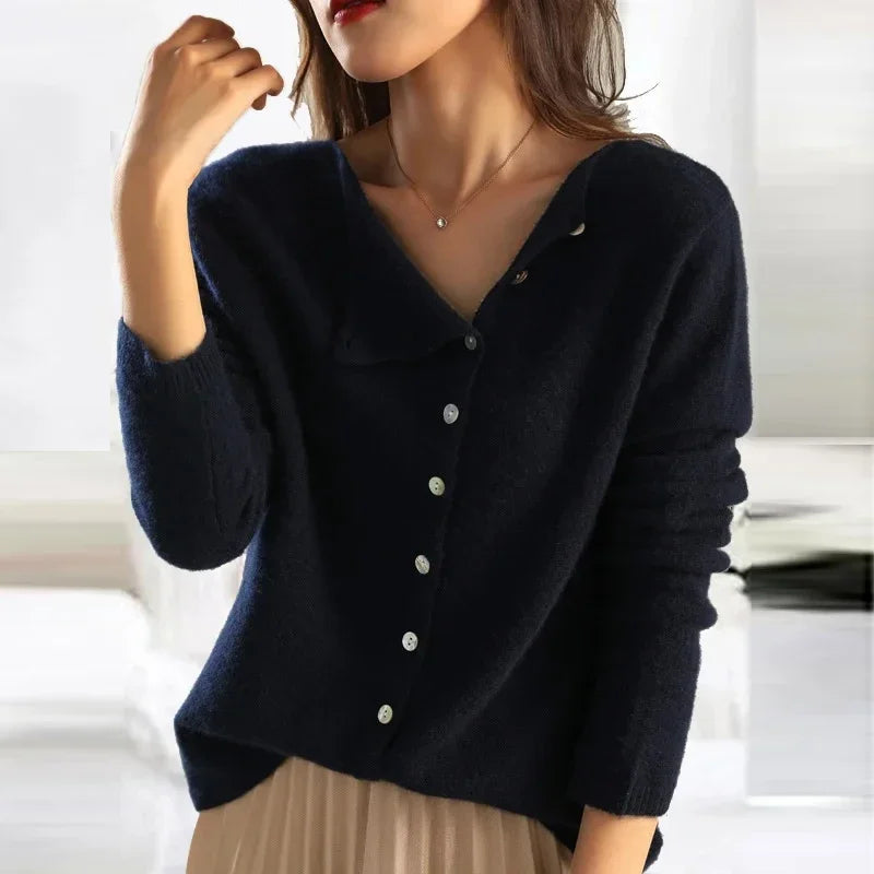 Women's Knitted Stretch Button Front Lightweight Jumper in Black