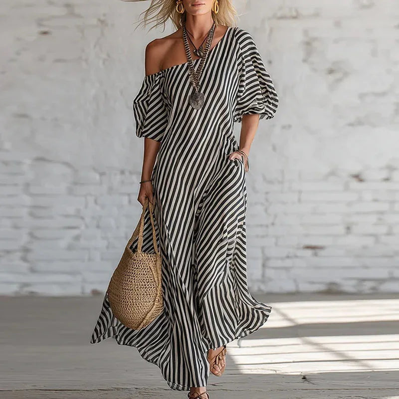 Women's One Shoulder Puff Sleeve Maxi Dress in Black