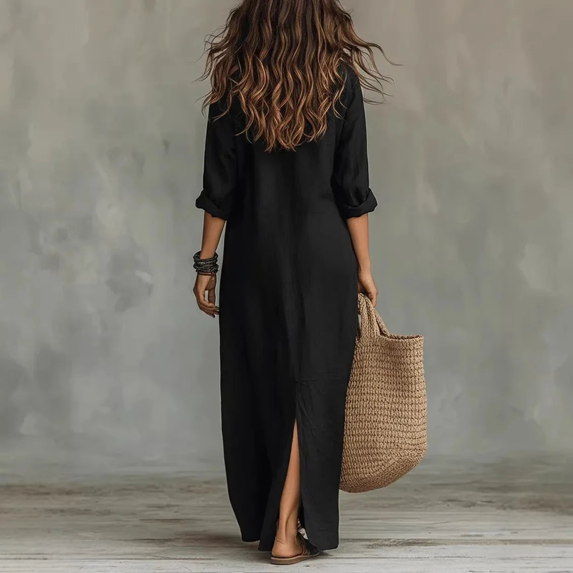 Women's V Neck Three Quarter Sleeve Belted Side Split Shirt Dress