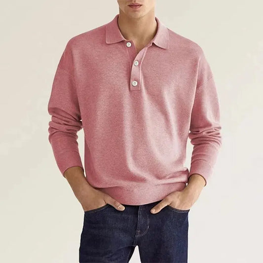 Men's Khaki Long Sleeve Casual Polo Shirt in Pink