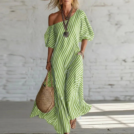 Women's One Shoulder Puff Sleeve Maxi Dress in Green