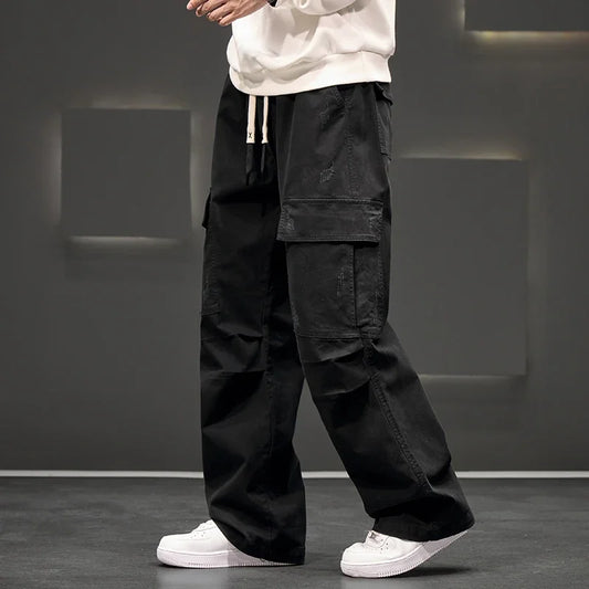 Men's Wide Leg Drawstring Patch Pocket Cargo Trousers in Black