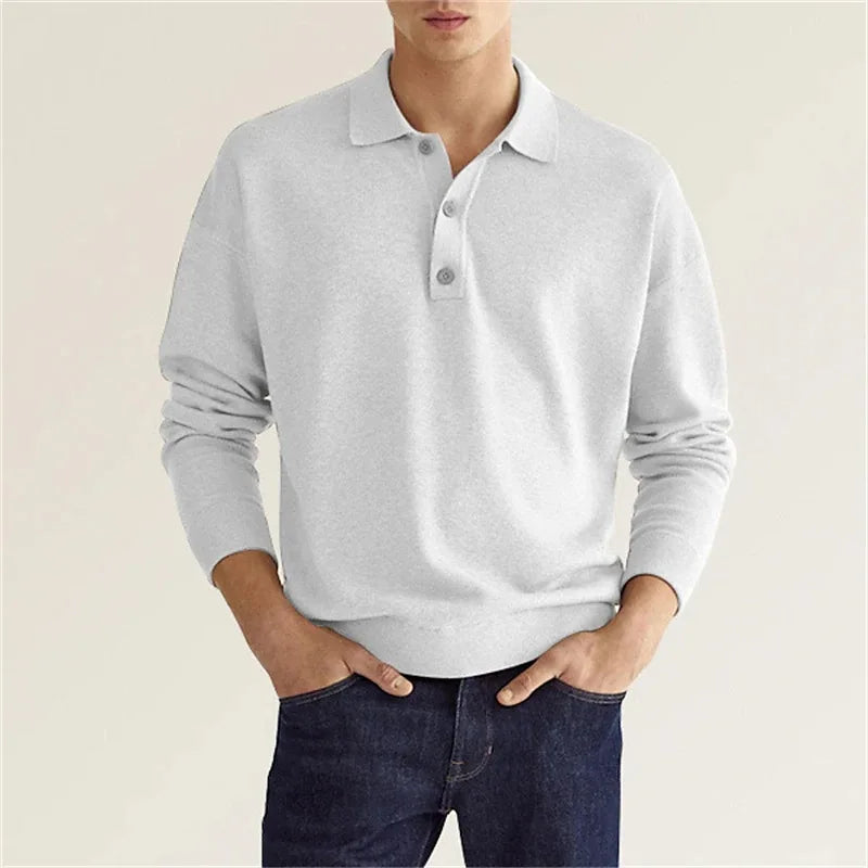 Men's Khaki Long Sleeve Casual Polo Shirt in White