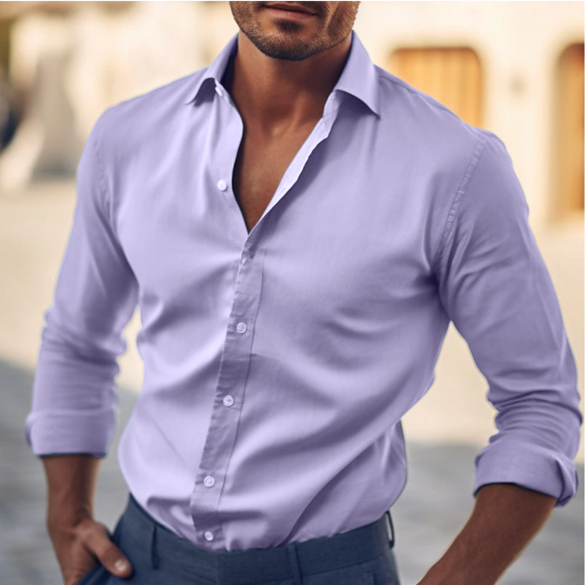 Men's Light Blue Long Sleeve Shirt in Purple