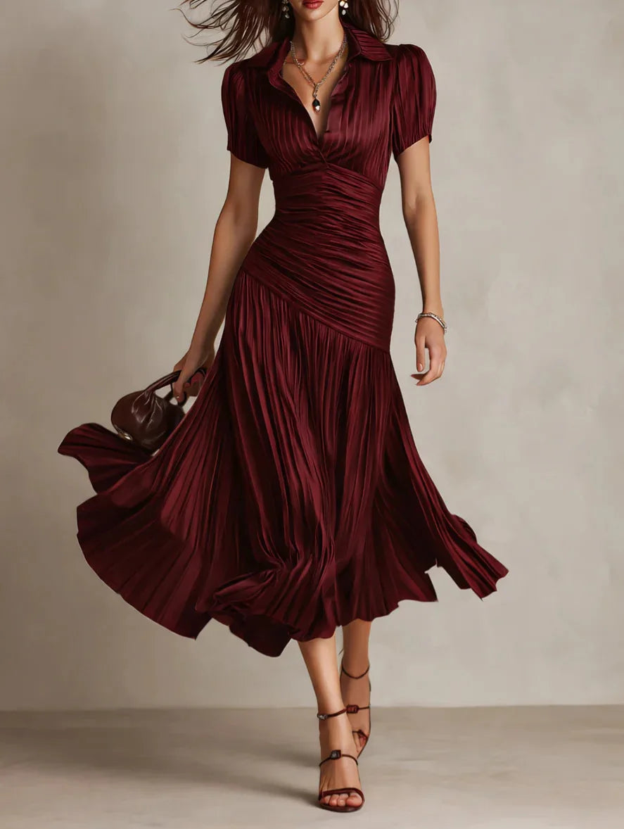 Women's Lapel Collar Pleated Midi Dress view 6