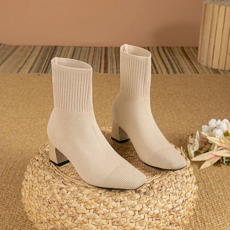 Women's Knitted Sock Block Heel Ankle Boots view 5