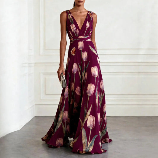 Women's Sky Blue V Neck Floral Wedding Guest Dress in Burgundy