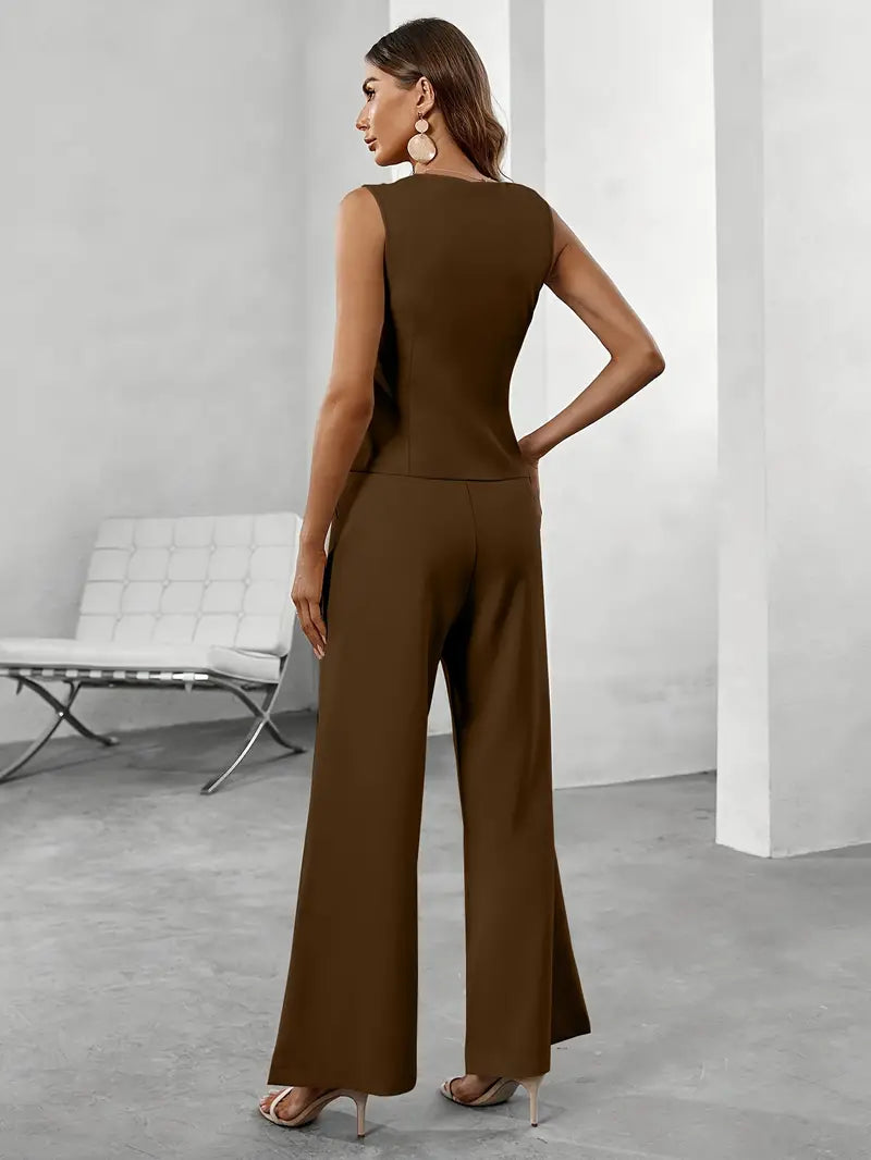 Women's Sleeveless Wrap Top and Wide Leg Trouser Set