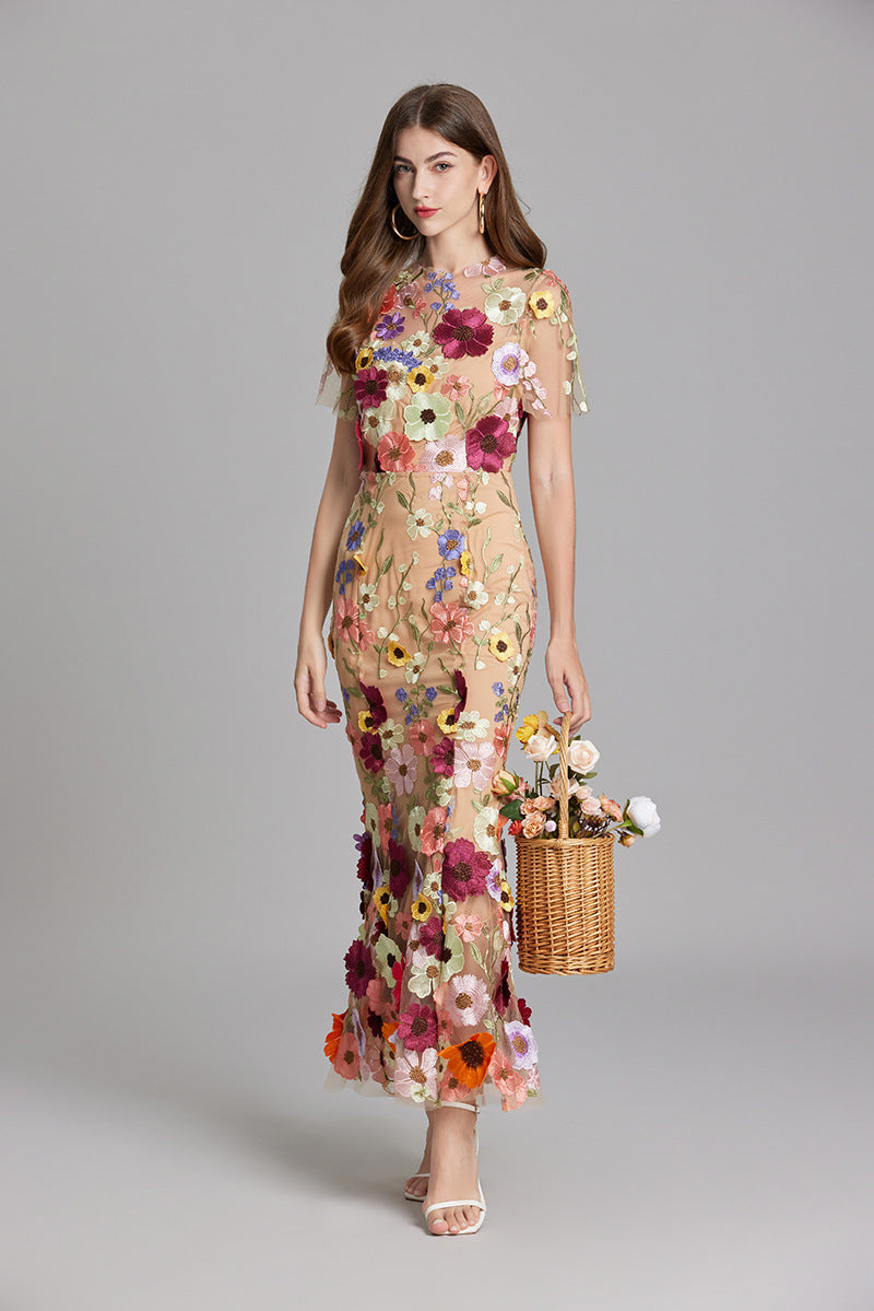 Women's Embroidered Sheer Panel Maxi Dress