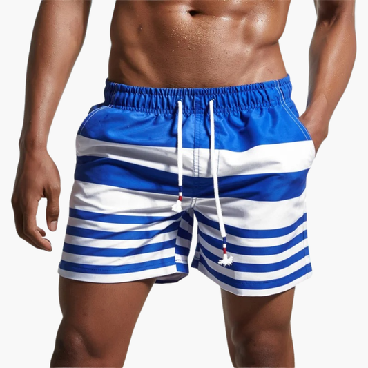 Men's Striped Classic Fit Drawstring Patch Pocket Swim Shorts in Blue