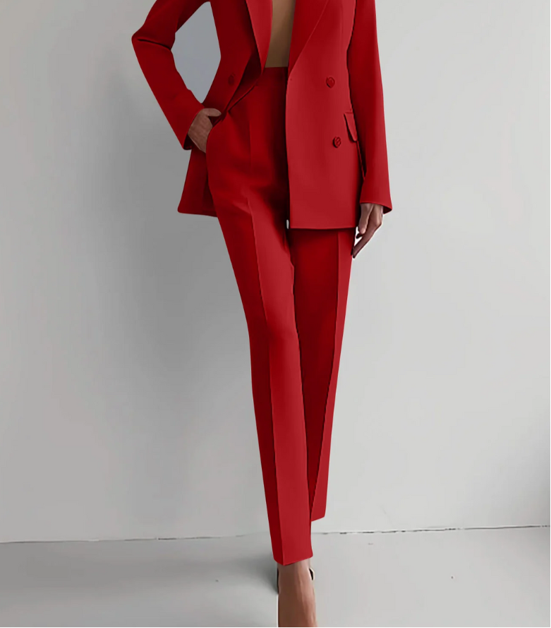 Women's Double Breasted Blazer and Slim Trouser Set in Red