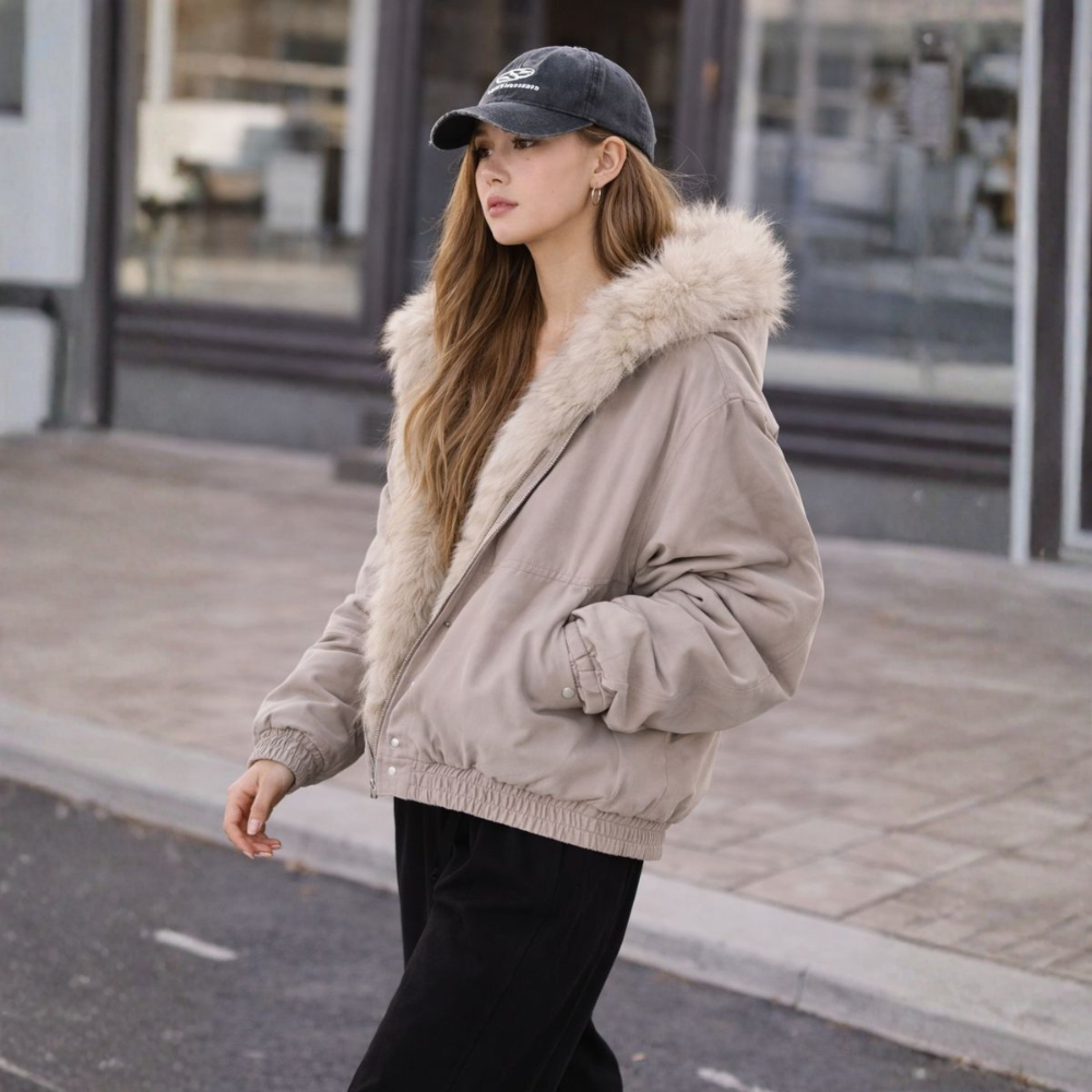 Women's Beige Hooded Faux Fur Coat view 3