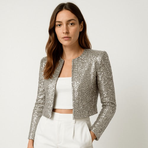 Women's Silver Sequin Cropped Collarless Blazer view 2