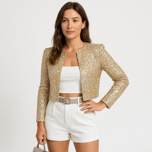 Women's Silver Sequin Cropped Collarless Blazer view 6