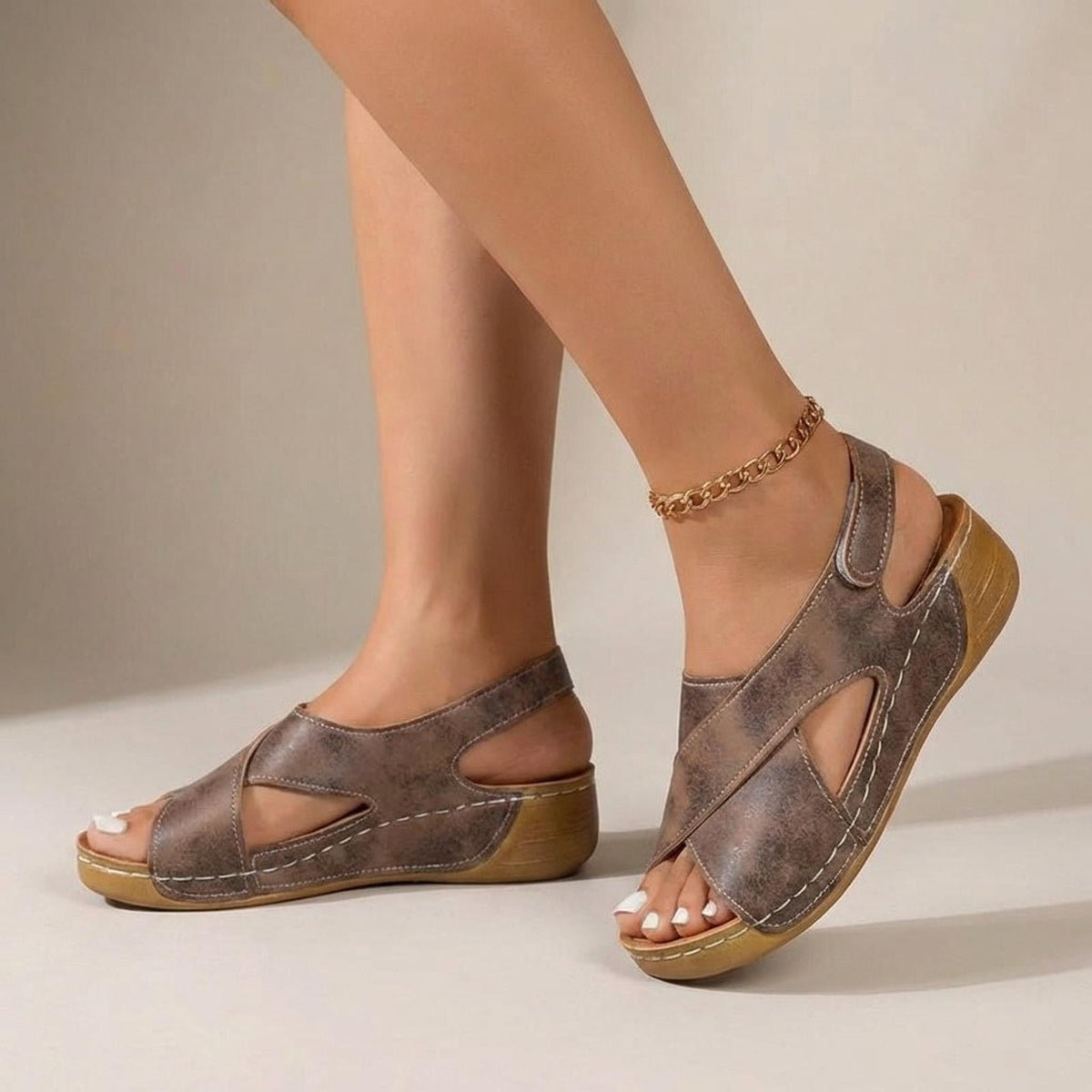 Women's Slingback Criss Cross Wedge Sandals in Brown