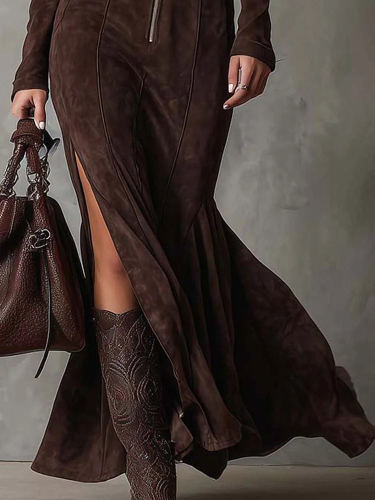 Women's Brown High Neck Zip Up Maxi Dress view 3