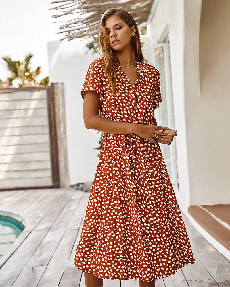 Women's Polka Dot Short Sleeve Tie Waist Midi Dress