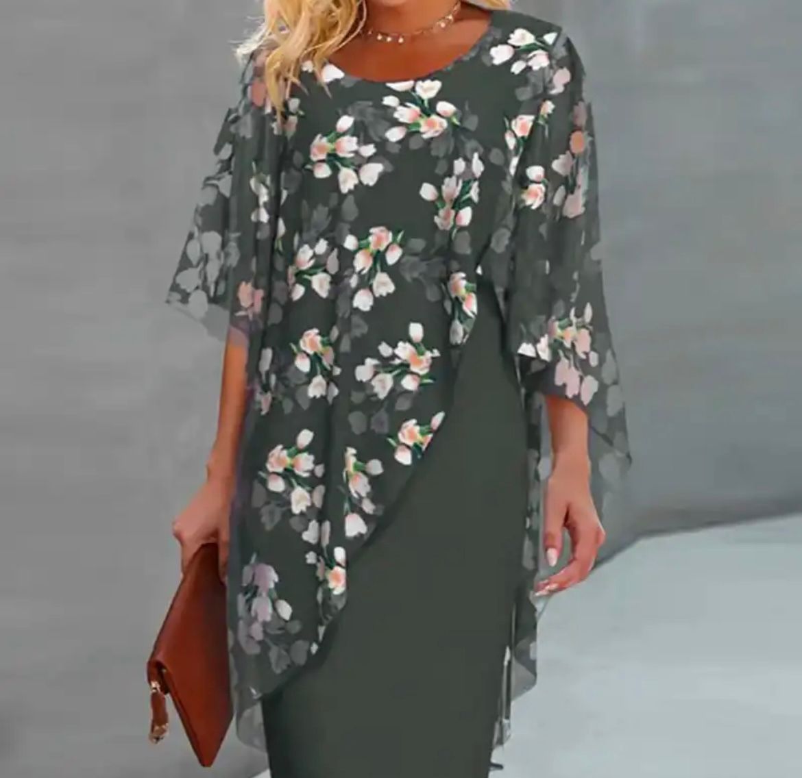 Women's Floral Overlay Three Quarter Sleeve Maxi Dress in Green
