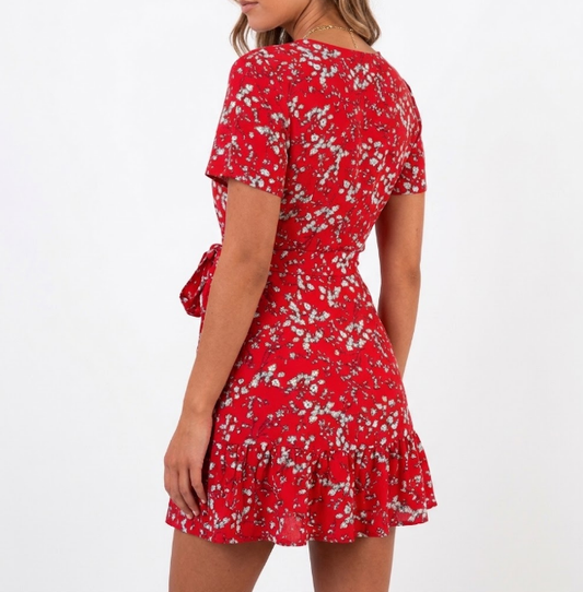 Women's Red Floral Short Sleeve Casual Mini Dress