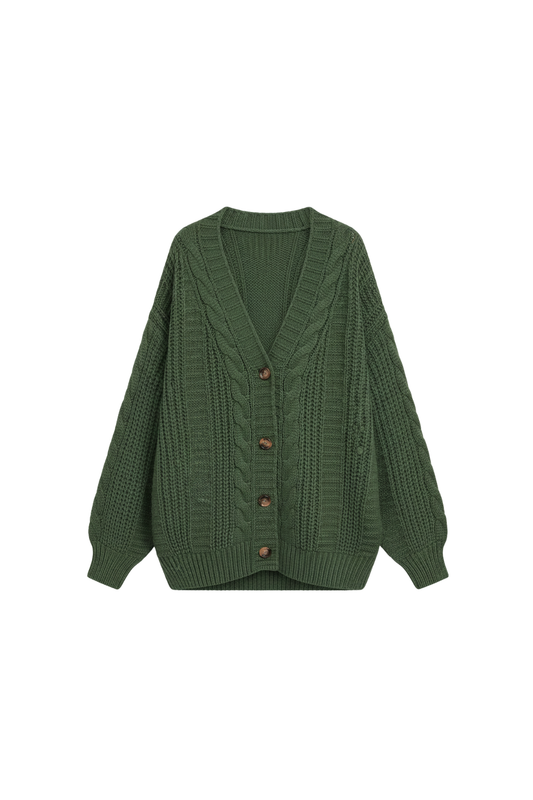 Women's Brown Oversized Cable Knit Cardigan in Green