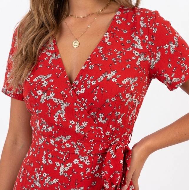 Women's Red Floral Short Sleeve Casual Mini Dress