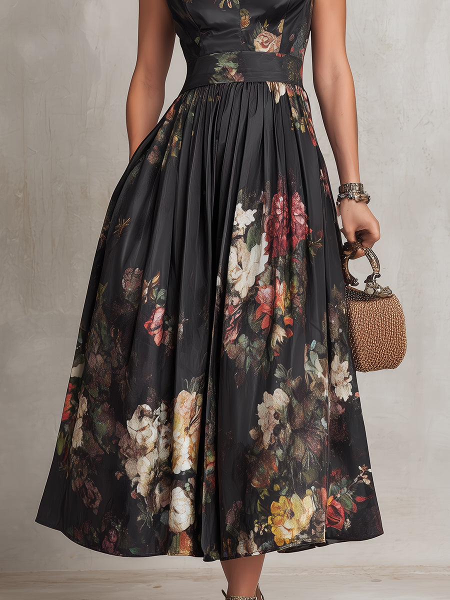Women's Black Floral High Neck Midi Dress