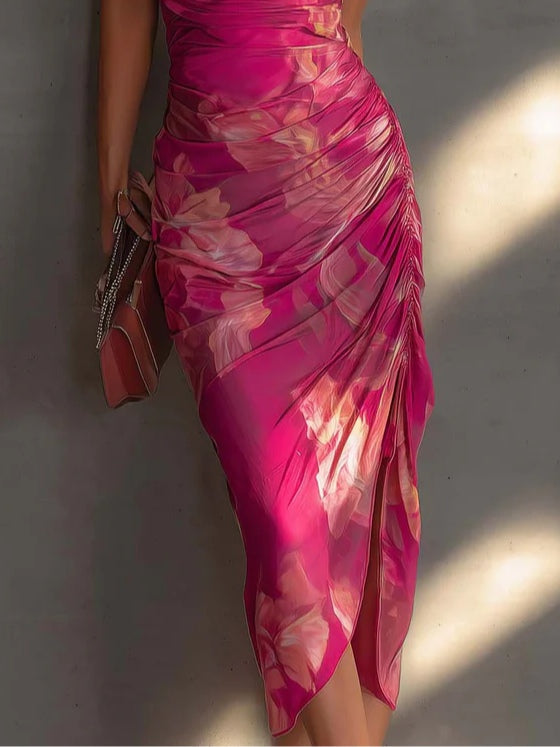 Women's Floral Cowl Neck Draped Midi Dress