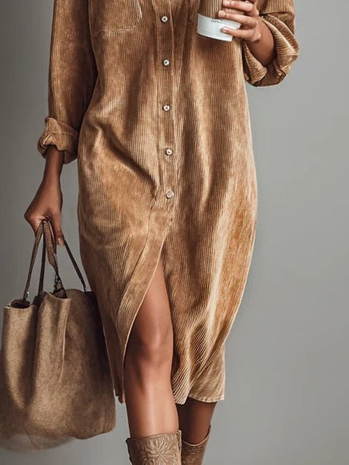 Women's Brown Long Sleeve Side Split Button Front Maxi Dress view 3