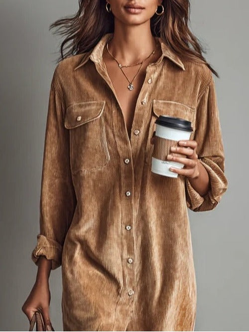 Women's Brown Long Sleeve Side Split Button Front Maxi Dress view 2