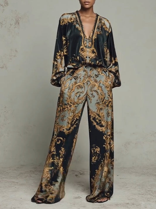 Women's Black Floral Wide Leg Trousers
