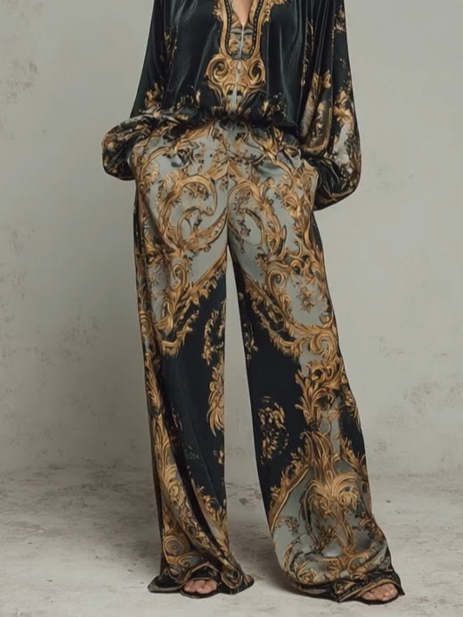 Women's Black Floral Wide Leg Trousers