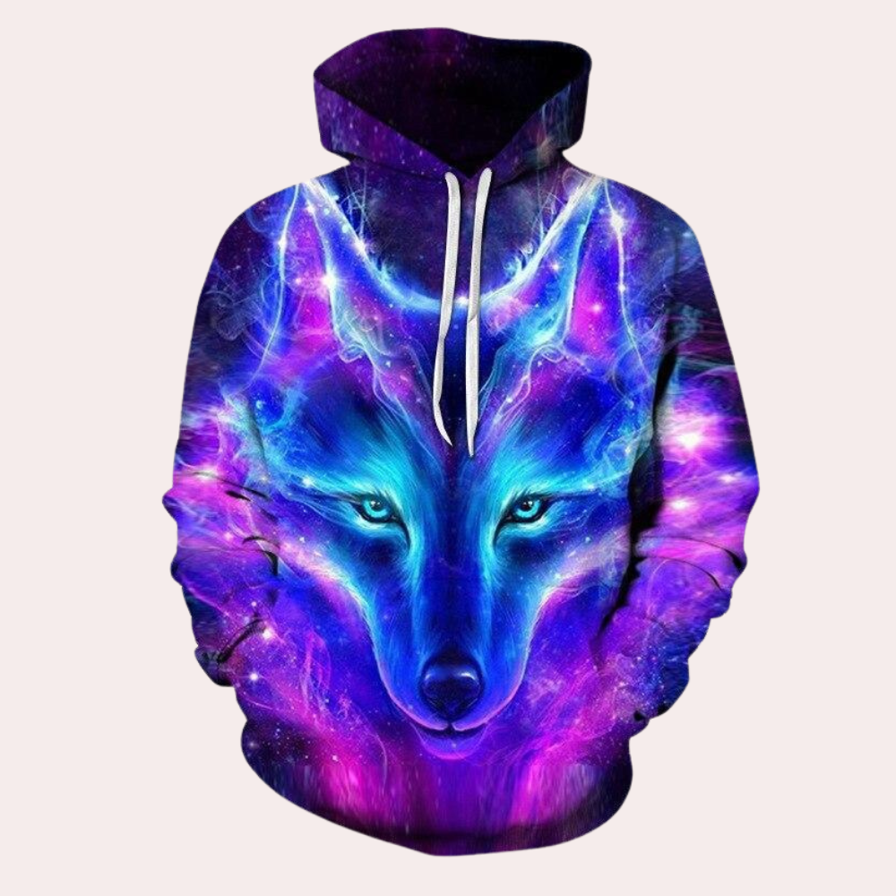 Men's Wolf Print Drawstring Hoodie in Purple