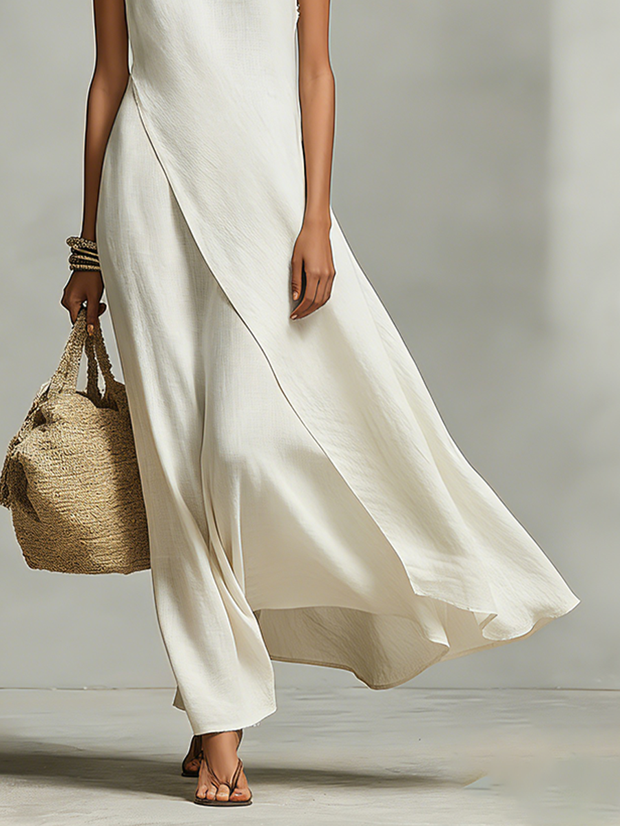 Women's Off White Sleeveless Asymmetric Draped Maxi Dress
