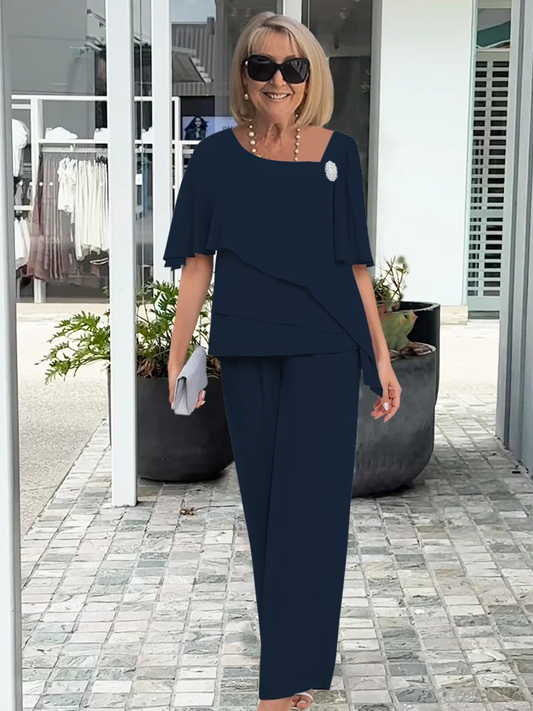 Women's Asymmetric Layered Top and Trouser Set in Navy