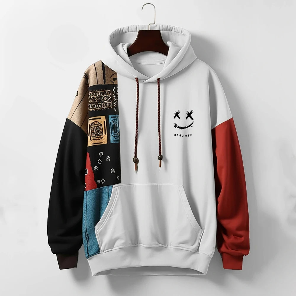 Men's Patchwork Vintage Hoodie in White