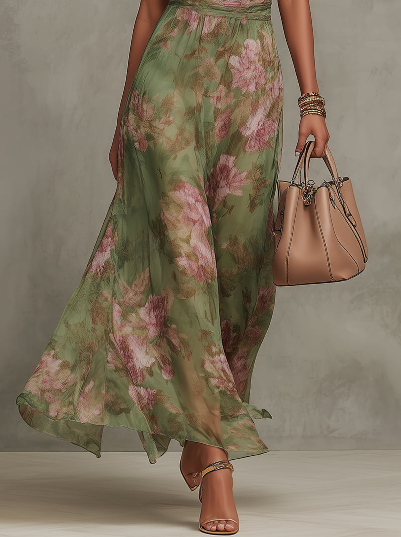Women's Green Floral Halter Neck Maxi Dress